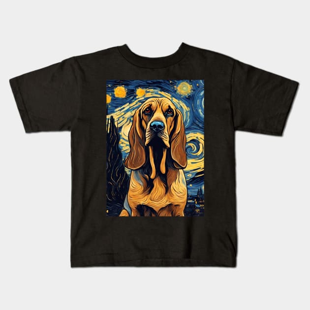 Bloodhound Dog Breed Painting in a Van Gogh Starry Night Art Style Kids T-Shirt by Art-Jiyuu